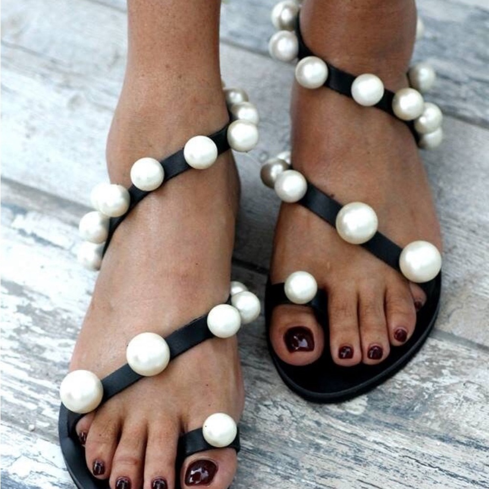 Elegant Black handmade pearl sandals from Greece - Size 39 (8.5)